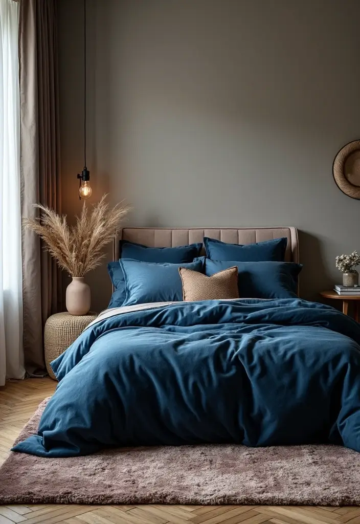 30 Midnight Blue Bedroom Ideas That Feel Bold and Sophisticated - 3. Cozy Textiles in Midnight Blue