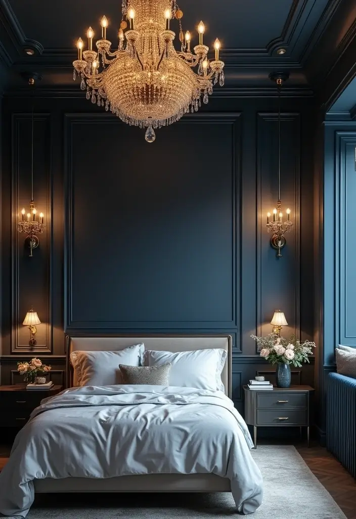 30 Midnight Blue Bedroom Ideas That Feel Bold and Sophisticated - 4. Chandeliers and Lighting Fixtures
