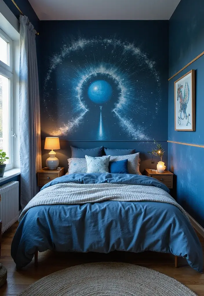 30 Midnight Blue Bedroom Ideas That Feel Bold and Sophisticated - 5. Artistic Midnight Blue Murals