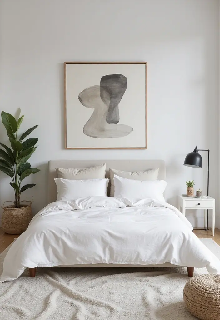 30 Minimalist Small Bedroom Ideas That Look Airy & Organized - 24. Display One Statement Piece