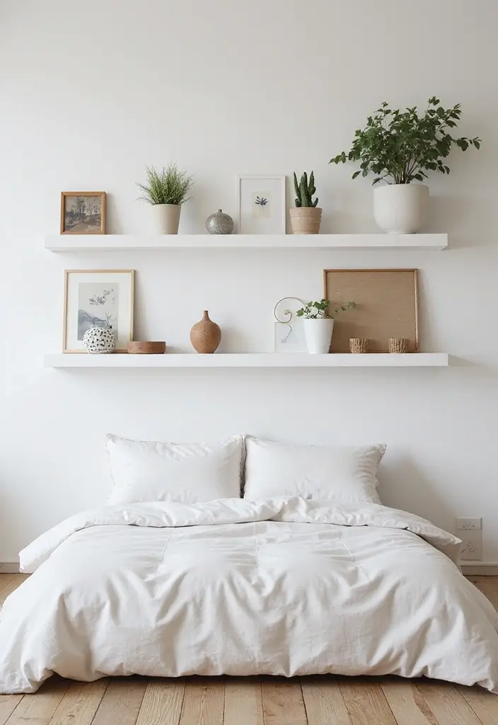 30 Minimalist Small Bedroom Ideas That Look Airy & Organized - 3. Floating Shelves for Display