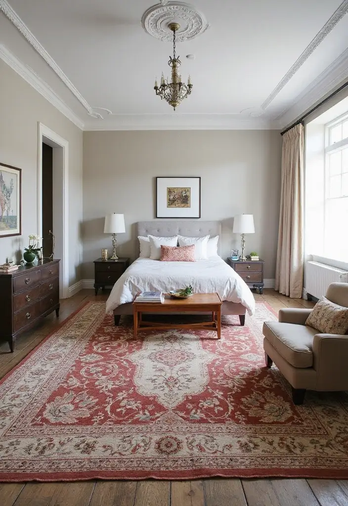 30 Modern Victorian Bedroom Ideas That Blend Old and New Perfectly - 9. Statement Rugs to Anchor the Space