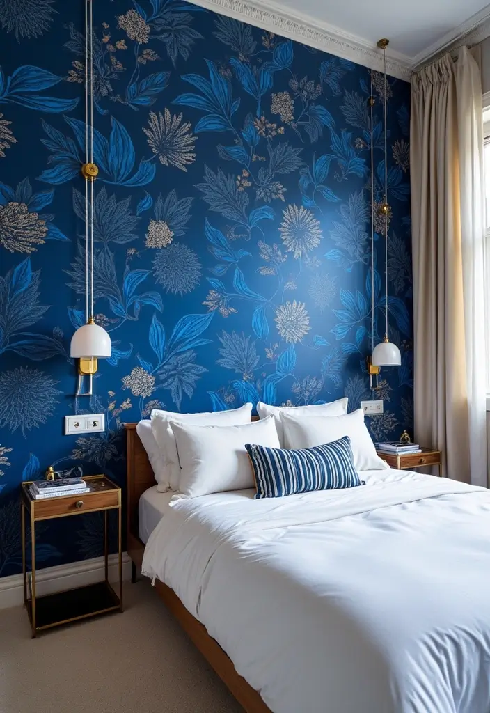 30 Royal Blue Room Ideas Bedroom That Feel Elegant & Relaxing - 14. Bold Wallpaper Patterns