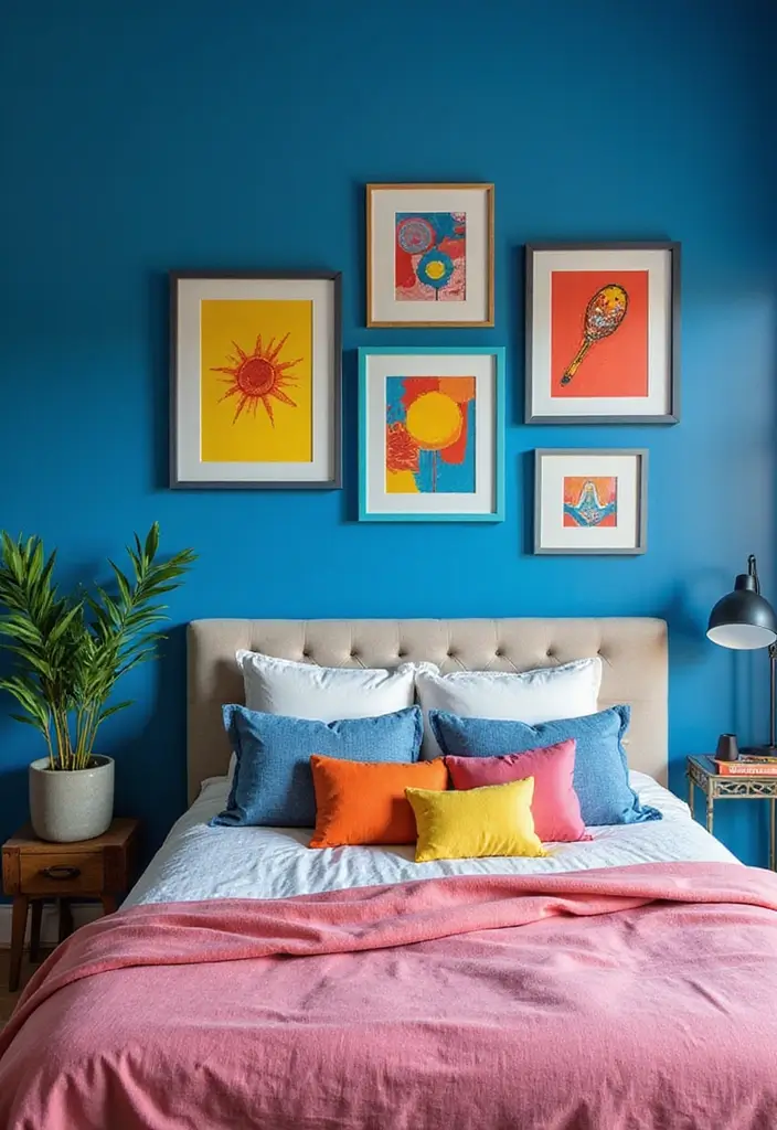 30 Royal Blue Room Ideas Bedroom That Feel Elegant & Relaxing - 19. Colorful Art Accents