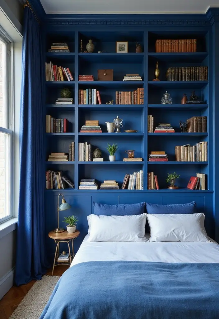 30 Royal Blue Room Ideas Bedroom That Feel Elegant & Relaxing - 27. Artful Bookshelves