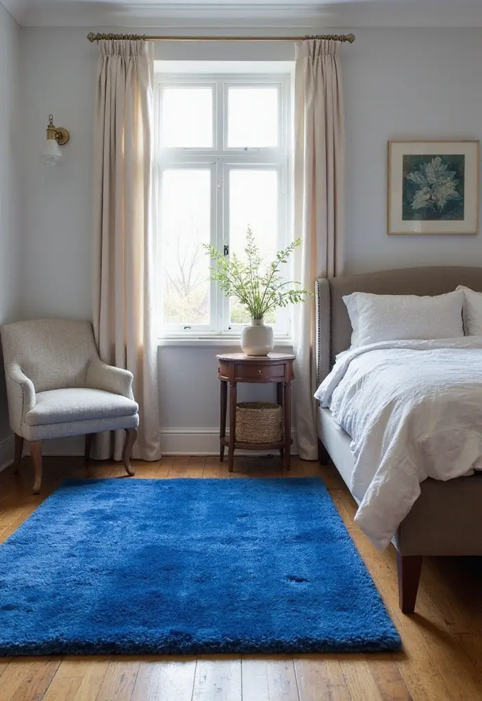 30 Royal Blue Room Ideas Bedroom That Feel Elegant & Relaxing - 3. Stylish Area Rugs