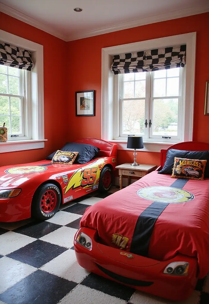 30 Twin Bedroom Ideas for Boys That Are Fun & Functional - 4. Classic Cars & Racing Dreams