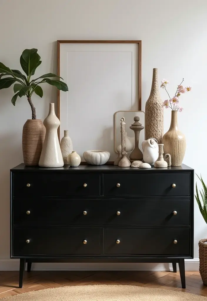 25 Black Dresser Bedroom Ideas That Anchor Any Space - 15. Artistic Displays