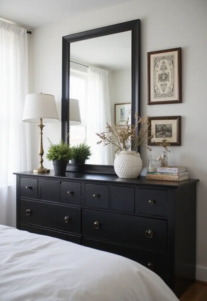 25 Black Dresser Bedroom Ideas That Anchor Any Space - 23. Reflective Surfaces