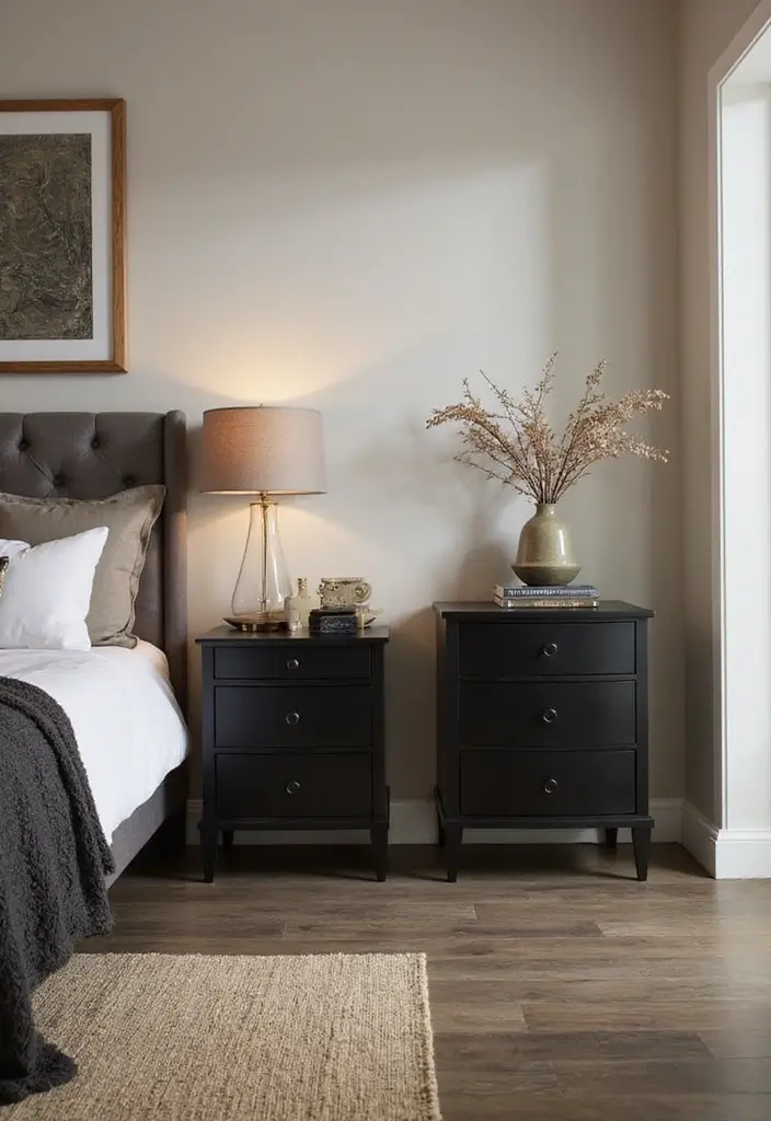 25 Black Dresser Bedroom Ideas That Anchor Any Space - 6. Minimalist Nightstand Duo