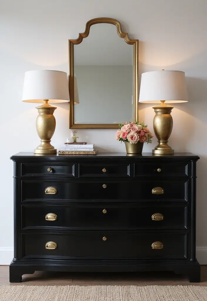 25 Black Dresser Bedroom Ideas That Anchor Any Space - 8. Elegant Gold Accents