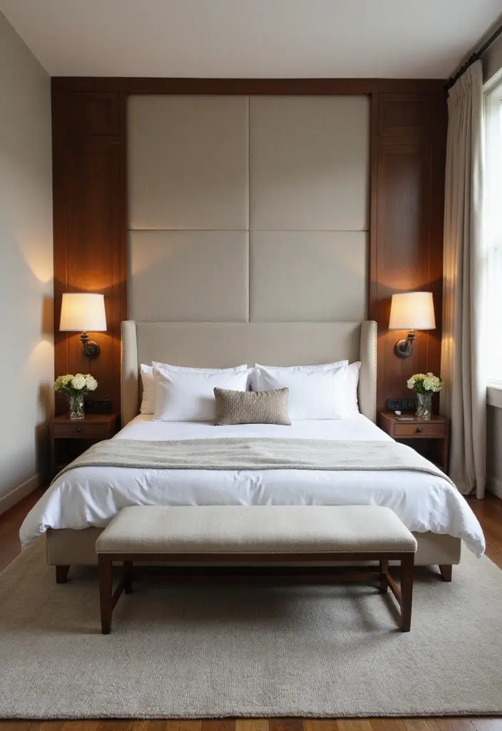 25 King Size Bed in Small Bedroom Ideas That Actually Work - 9. Sleek Bench at the Foot of the Bed