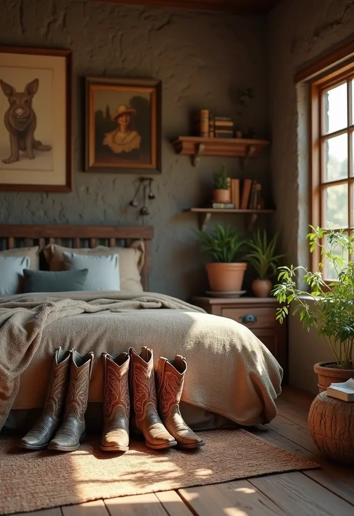25 Western Bedroom Ideas for Teens That Channel Cowboy Energy - 21. Cowboy Boots as Decor