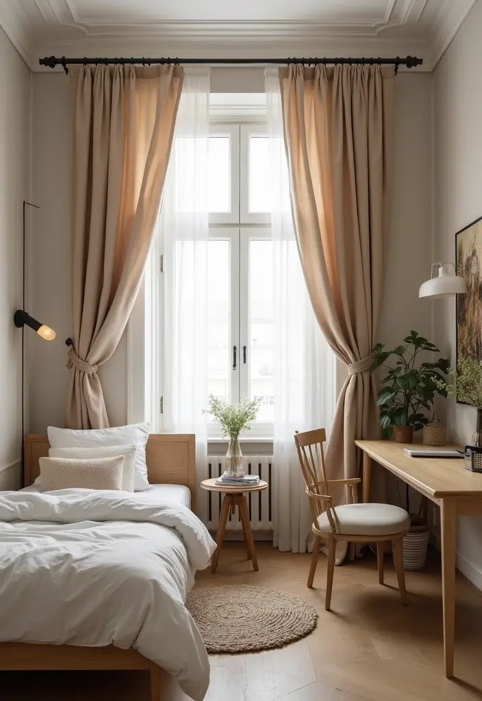 29 Very Small Bedroom Ideas for Couples That Feel Romantic & Cozy - 23. Use of Curtains to Create Zones