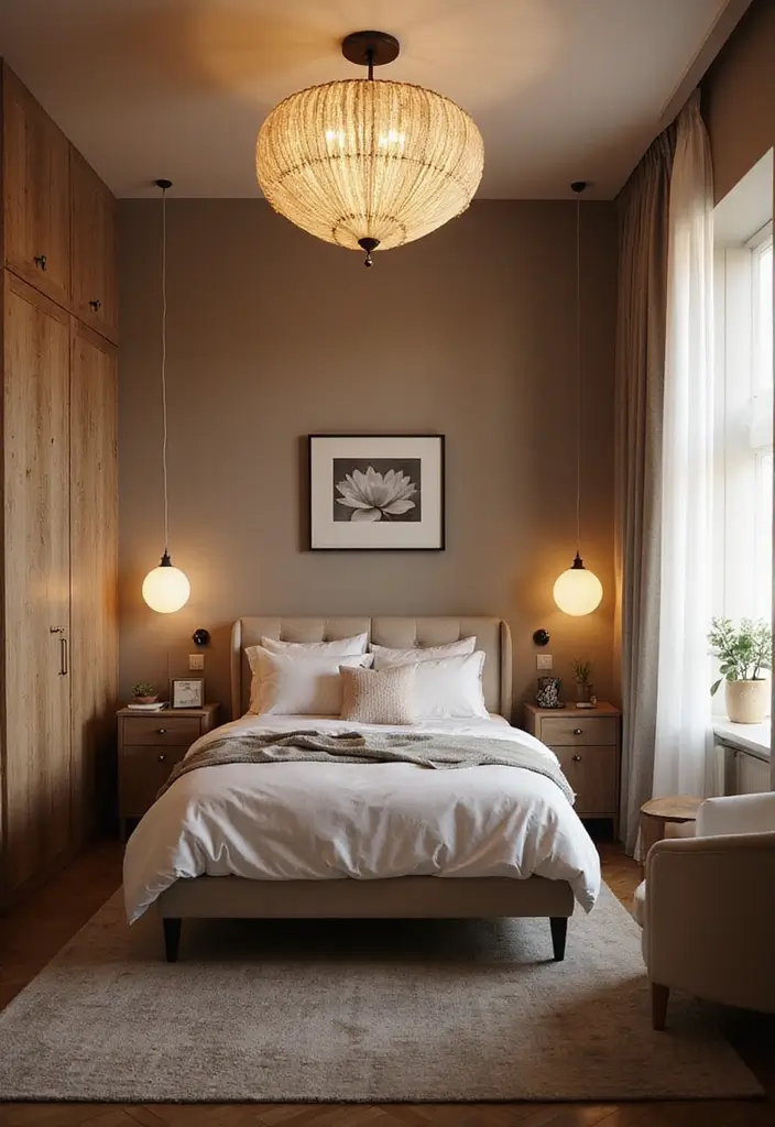 29 Very Small Bedroom Ideas for Couples That Feel Romantic & Cozy - 26. Statement Lighting Fixture