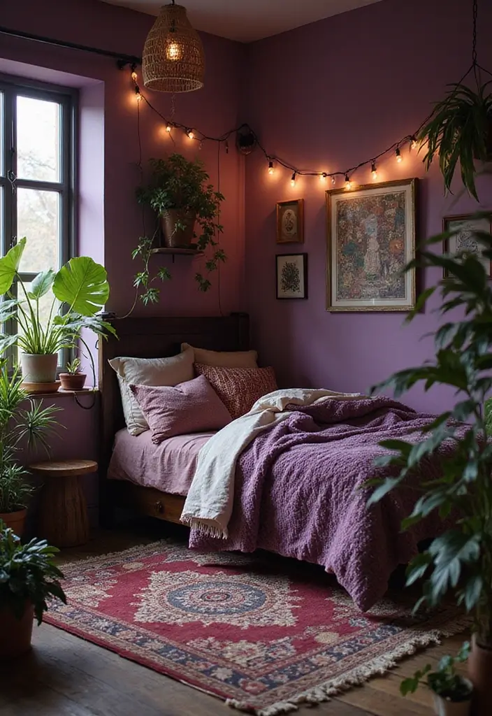 30 Purple Bedroom Ideas for Teens That Look Trendy & Vibrant - 1. Bohemian Chic with Deep Purple Accents