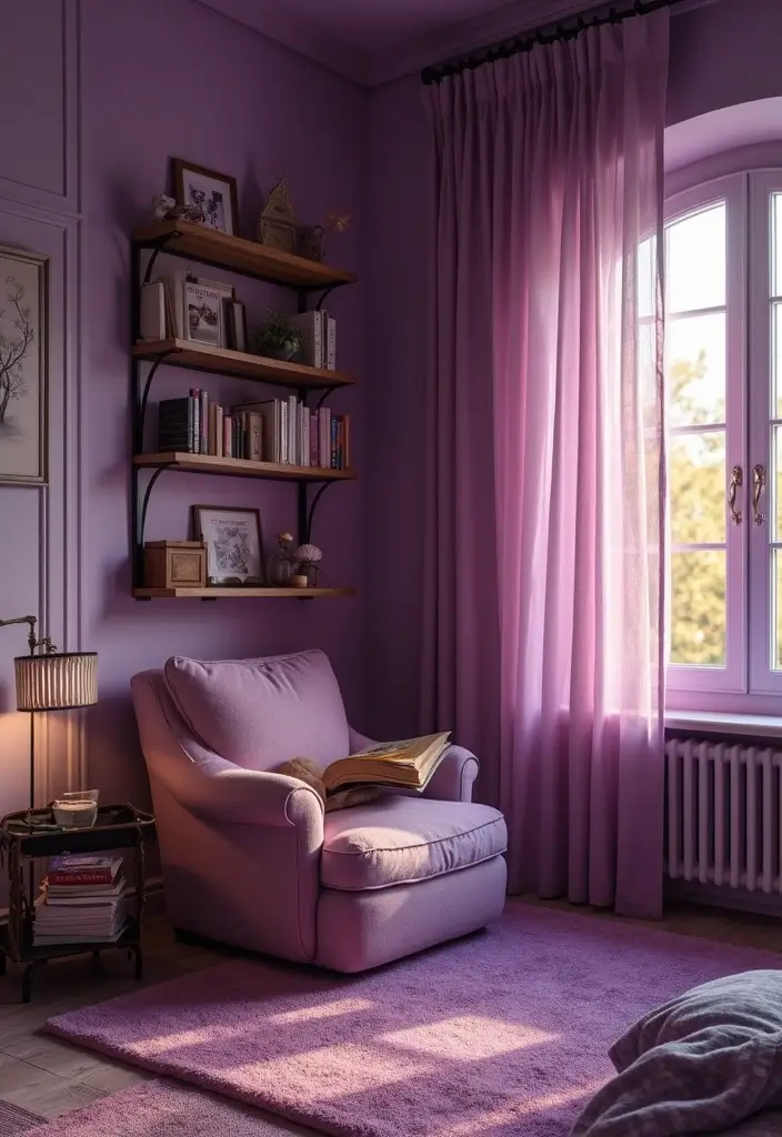 30 Purple Bedroom Ideas for Teens That Look Trendy & Vibrant - 15. Cozy Purple Reading Nook