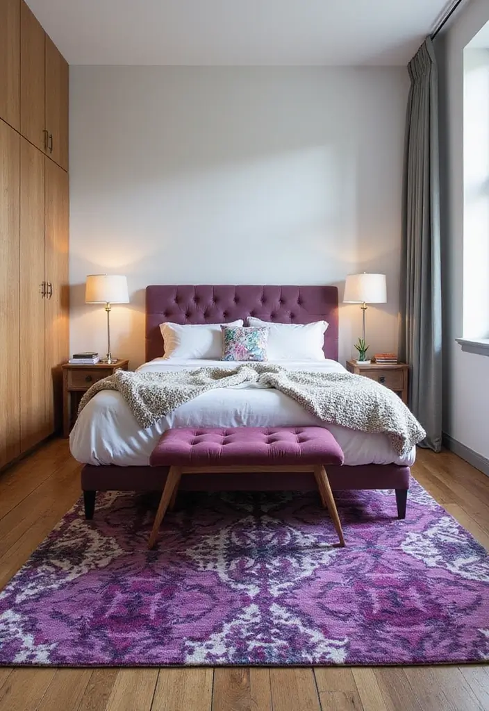 30 Purple Bedroom Ideas for Teens That Look Trendy & Vibrant - 27. Funky Purple Area Rugs