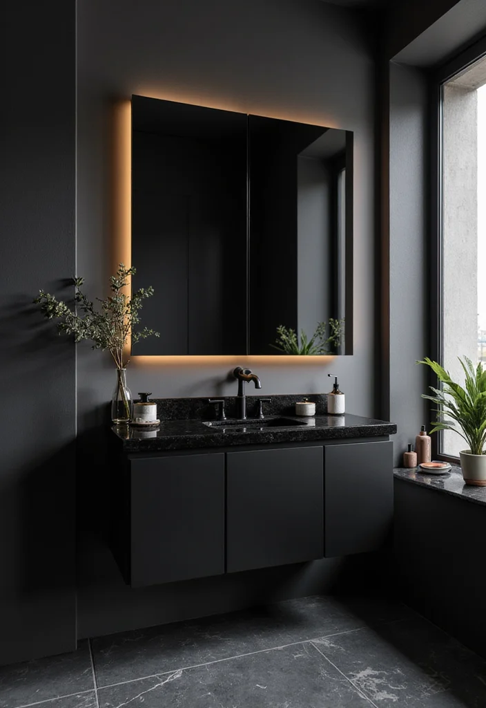 14 Bathroom Vanity With Makeup Counter Ideas You Will Love - 12. Sleek Black Vanity with Makeup Counter