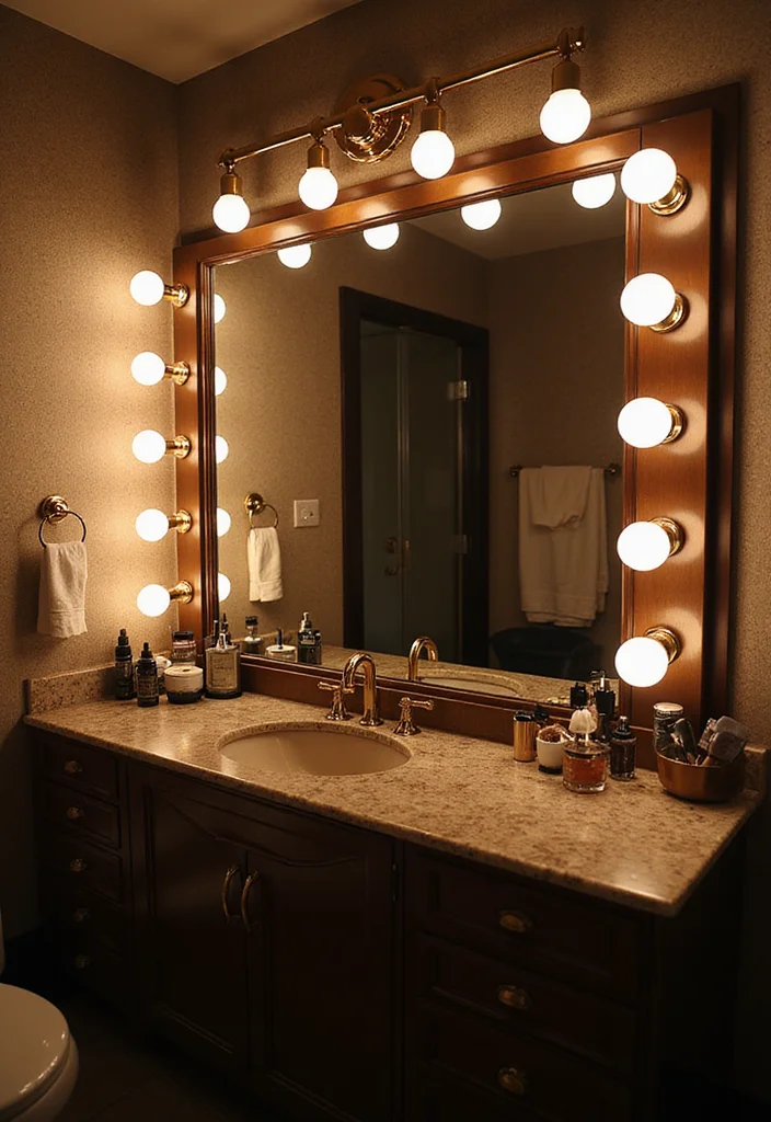 14 Bathroom Vanity With Makeup Counter Ideas You Will Love - 4. Glamorous Hollywood-Inspired Vanity