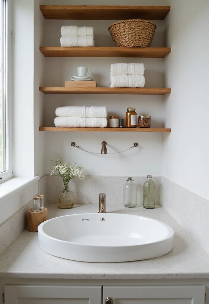 14 Lake House Bathroom Ideas With Cozy Style - 7. Open Shelving
