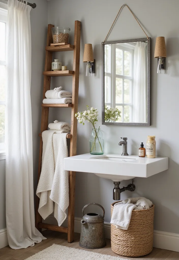 14 Powder Bathroom Vanity Ideas For Small Stylish Rooms - 6. Space-Saving Ladder Storage