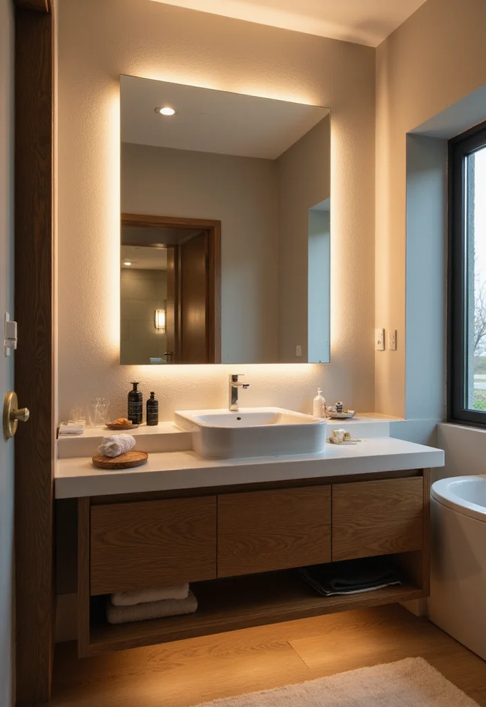 14 Single Vanity Bathroom Ideas That Maximize Space - 11. Integrated Lighting Solutions