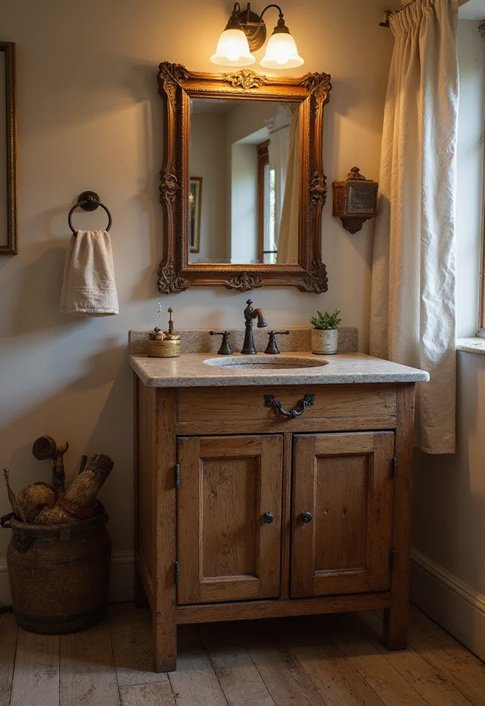 14 Single Vanity Bathroom Ideas That Maximize Space - 3. Vintage-Inspired Wooden Vanities