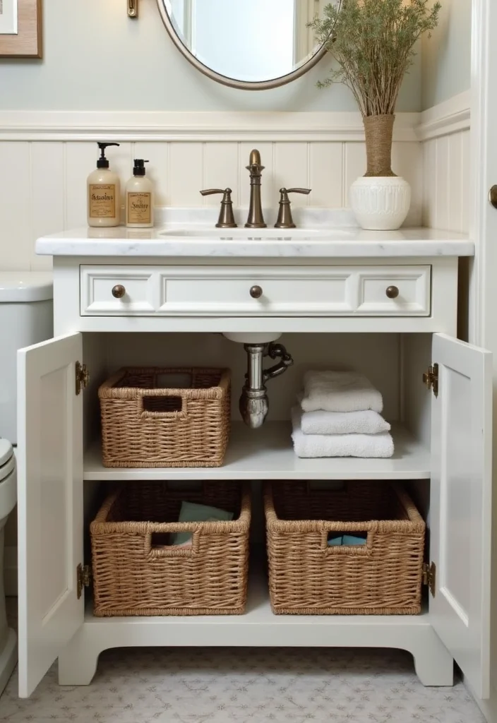 14 Single Vanity Bathroom Ideas That Maximize Space - 8. Under-Sink Storage Solutions