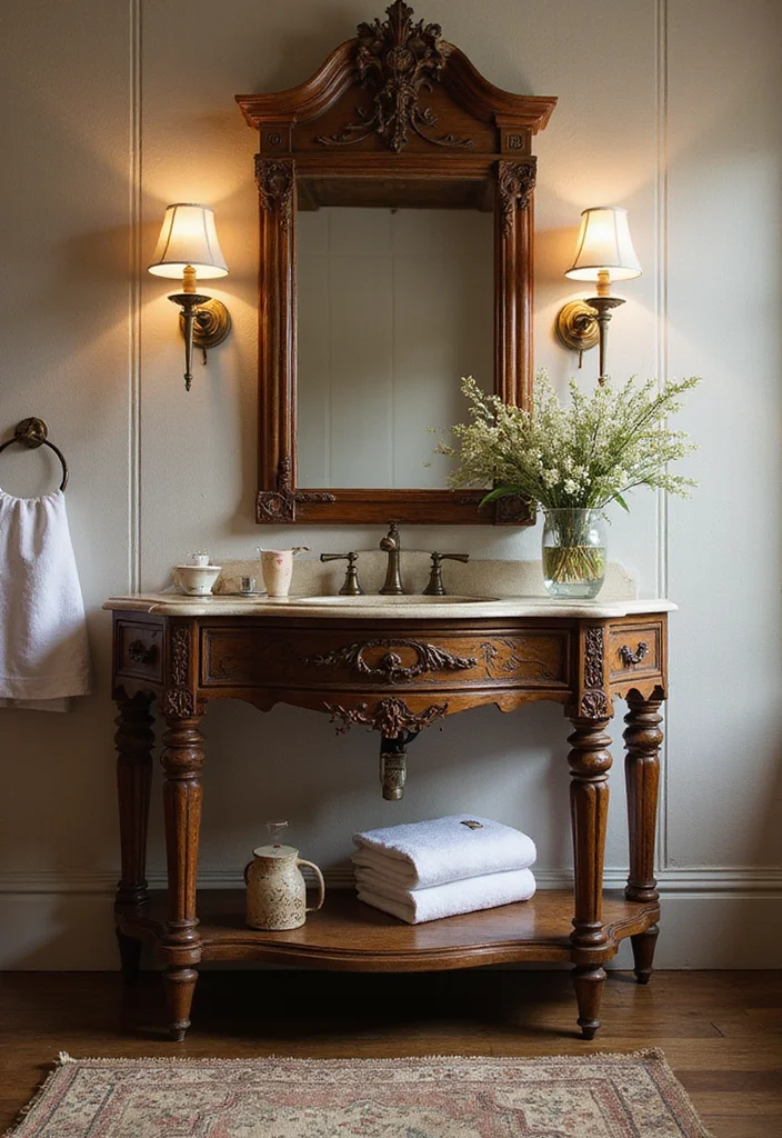 15 Bathroom Console Table Ideas For Stylish Storage - 1. Vintage Wood Console Table
