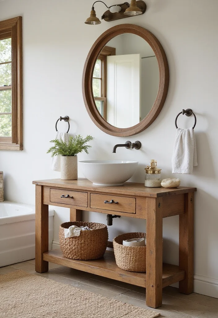 15 Bathroom Console Table Ideas For Stylish Storage - 13. Farmhouse Style Console Table