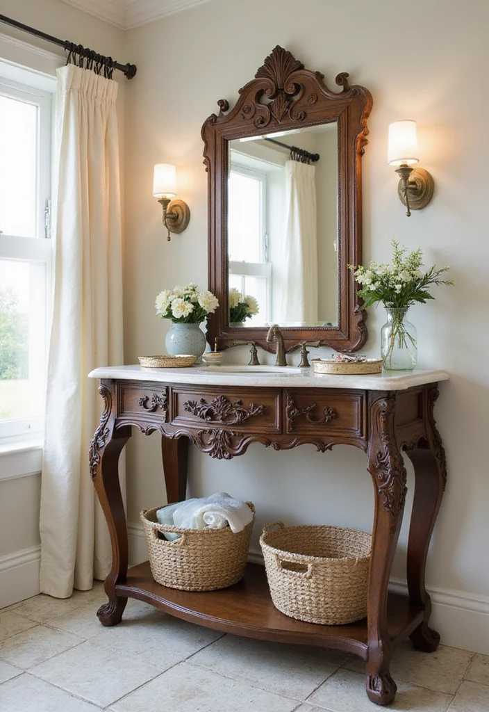 15 Bathroom Console Table Ideas For Stylish Storage - 5. Antique Chic Console Table