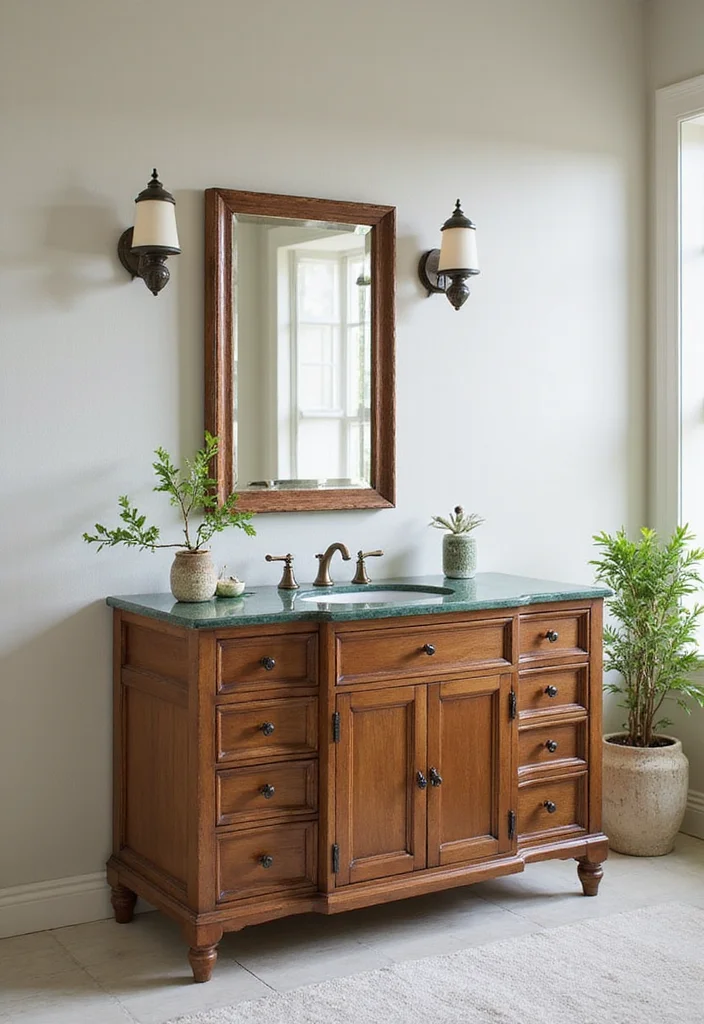 15 Vintage Bathroom Vanity Ideas With Classic Charm - 15. Vintage Glass and Wood Combo