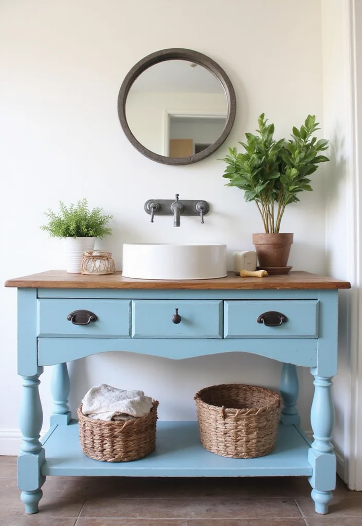 15 Vintage Bathroom Vanity Ideas With Classic Charm - 4. Upcycled Farmhouse Vanity