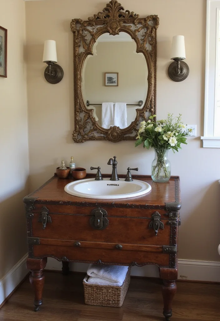 15 Vintage Bathroom Vanity Ideas With Classic Charm - 7. Repurposed Antique Trunk Vanity