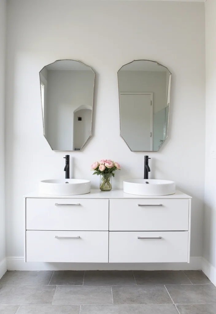 16 Bathroom Ideas With Double Sinks That Work Beautifully - 1. Minimalist Chic Double Sink Vanity