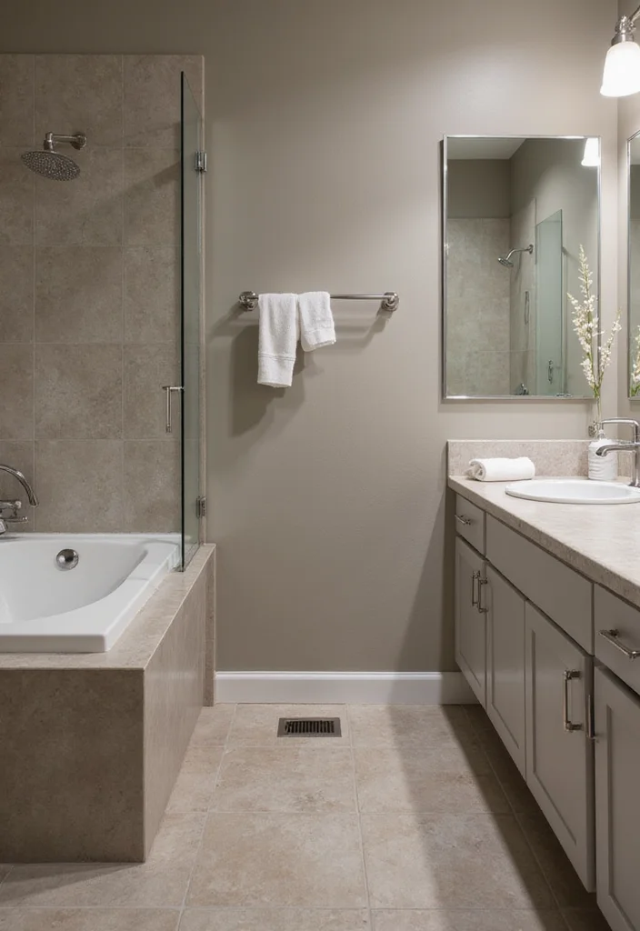17 Taupe Bathroom Ideas With Elegant Warmth - 12. Taupe with Brushed Nickel Accents