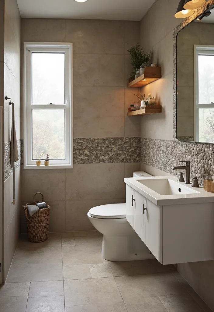 17 Taupe Bathroom Ideas With Elegant Warmth - 2. Taupe Tile with Natural Stone Accents