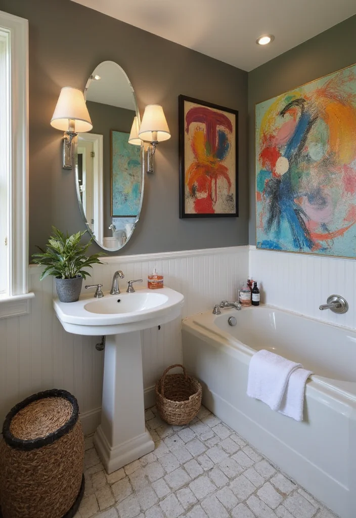 17 Taupe Bathroom Ideas With Elegant Warmth - 9. Bright Taupe with Colorful Art