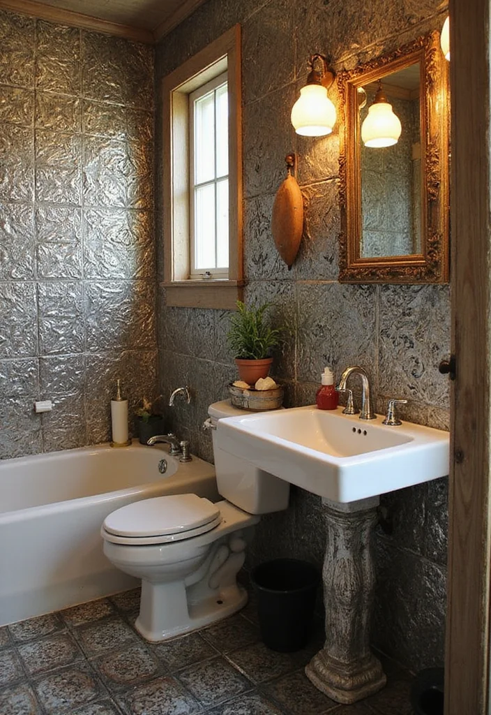 18 Bathroom Backsplash Ideas That Transform The Space - 10. Upcycled Tin Tiles