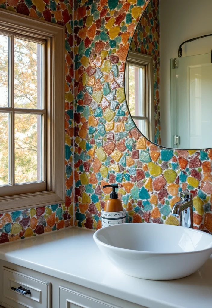 18 Bathroom Backsplash Ideas That Transform The Space - 2. Mosaic Tiles from Recycled Glass