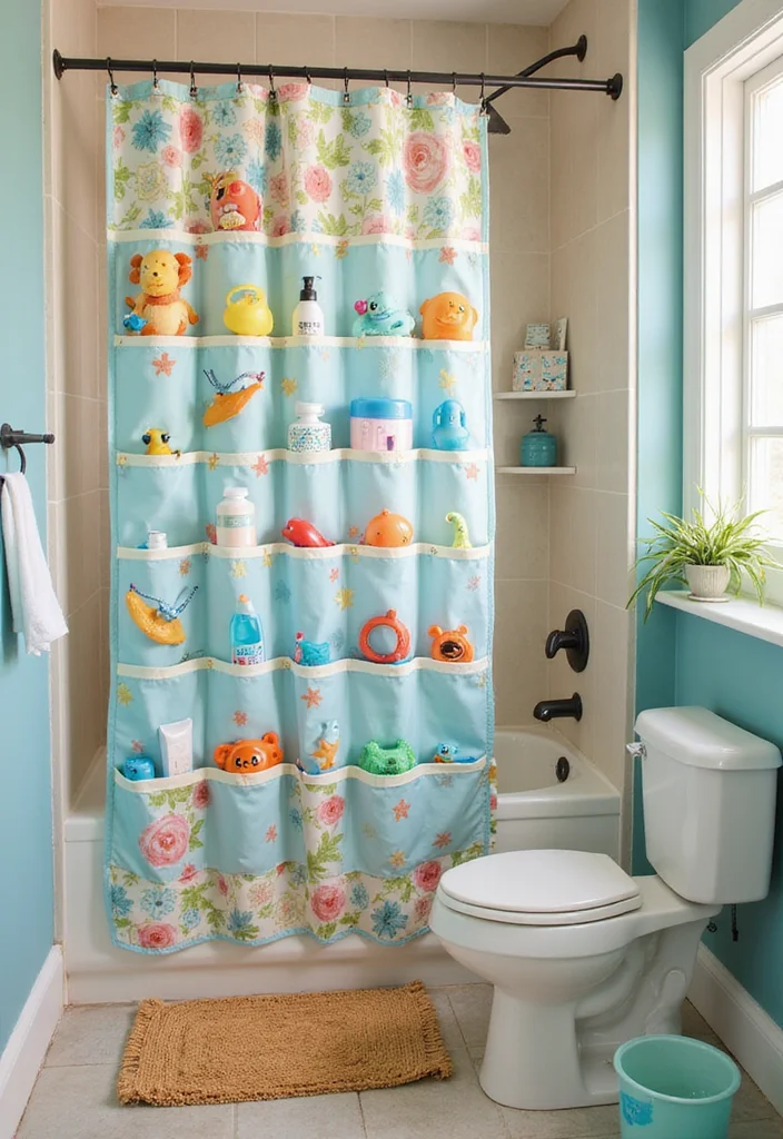 18 Bathroom Storage Ideas That Keep Things Organized - 16. Eco-Friendly Shower Curtain Storage