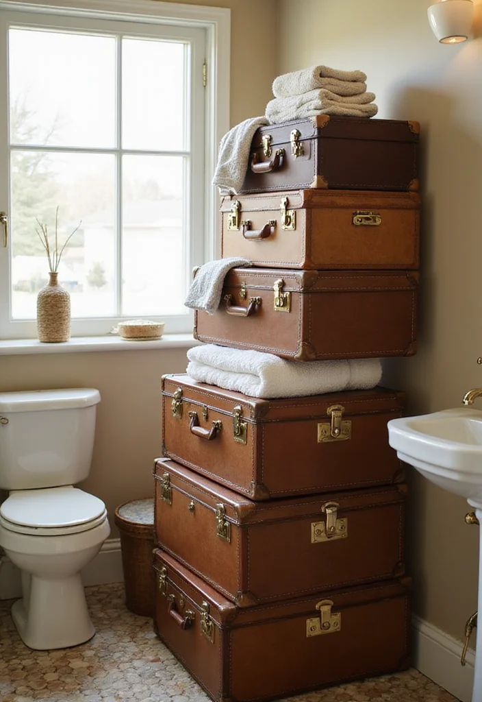 18 Bathroom Storage Ideas That Keep Things Organized - 18. Repurposed Vintage Suitcases