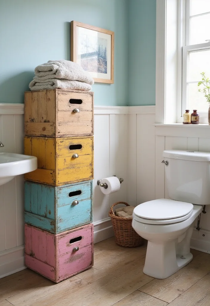 18 Bathroom Storage Ideas That Keep Things Organized - 4. Upcycled Crates for Storage