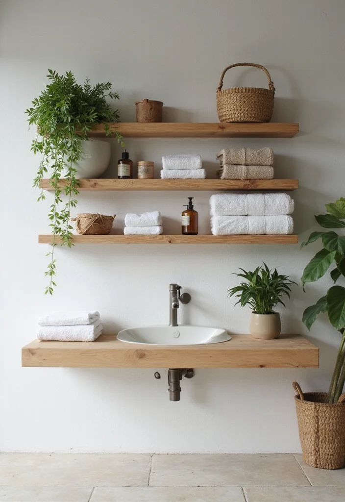 18 Neutral Bathroom Ideas That Feel Calm - 2. Minimalist Wooden Shelving