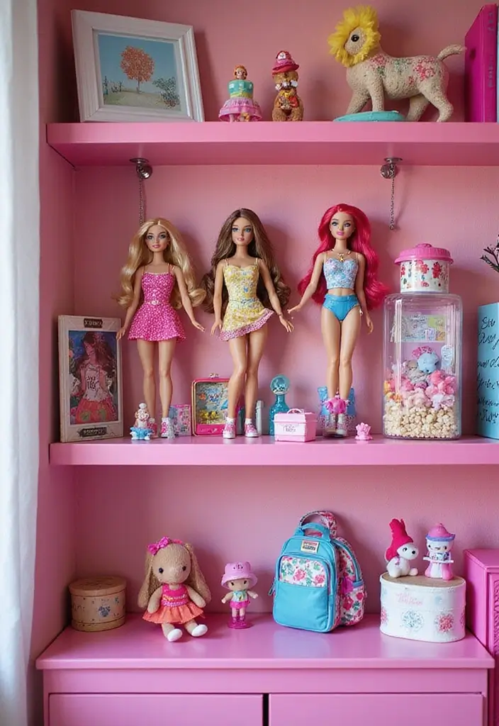 25 Barbie Bedroom Ideas for Kids That Are Pretty in Pink - 10. Barbie Doll Display Shelf