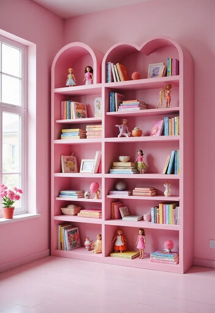 25 Barbie Bedroom Ideas for Kids That Are Pretty in Pink - 3. Pastel Pink Bookshelf
