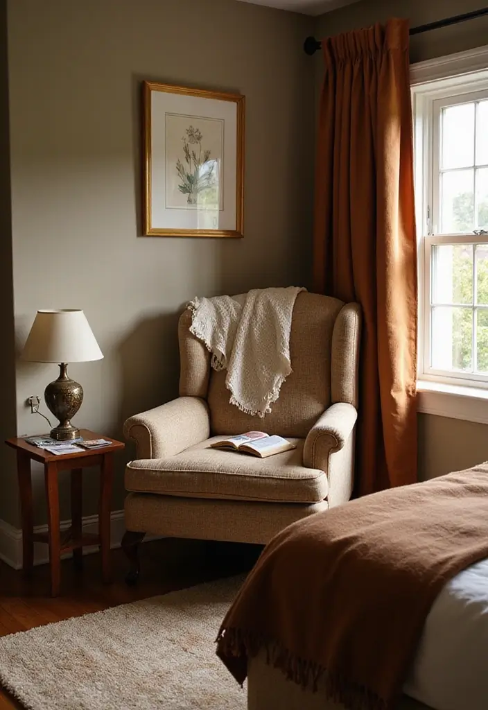 25 Bedroom Ideas with Brown Furniture That Feel Warm and Timeless - 16. Cozy Reading Nook with Brown Furniture