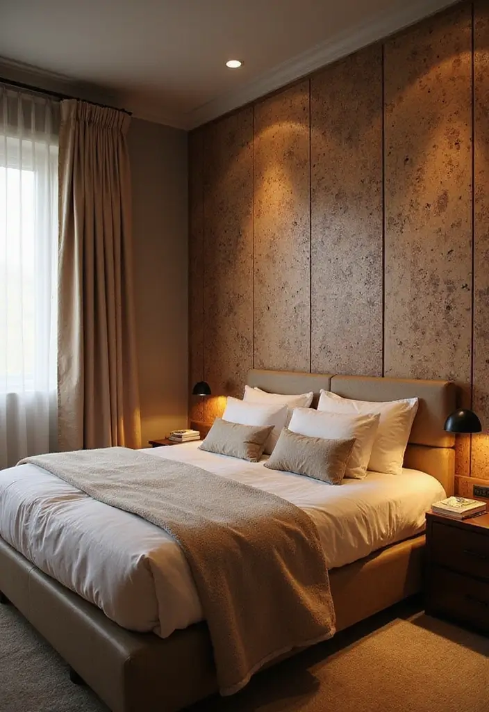 25 Bedroom Ideas with Brown Furniture That Feel Warm and Timeless - 21. Brown Furniture with Textured Wall Treatments