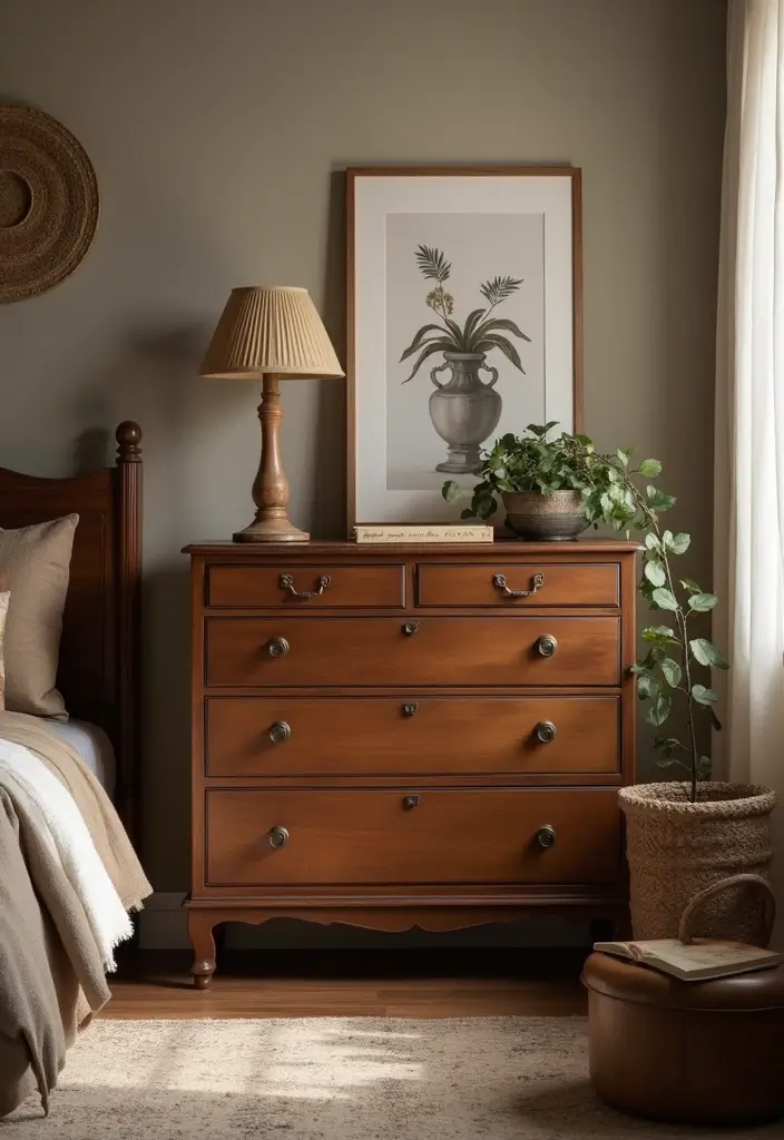 25 Bedroom Ideas with Brown Furniture That Feel Warm and Timeless - 4. Vintage Brown Chest of Drawers